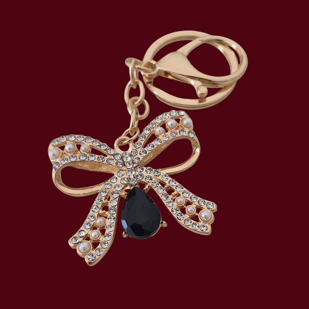 Elegant Pearl & Crystal Bow Bag Charm / Keychain with Black Teardrop Gem